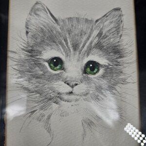 Kitten Cat Portrait Pencil Sketch Drawing Art Green Eyes Framed Matted Wood 8x11